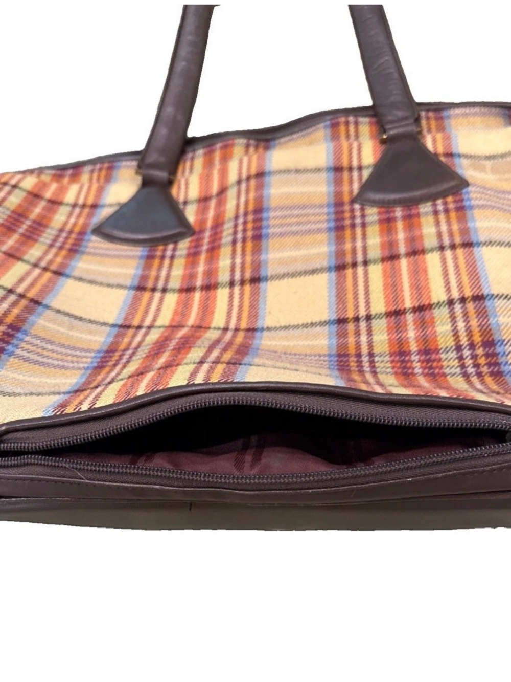 Tumi Weekender Camel Plaid & Leather Overnight Bag Preppy Vintage - Picture 6 of 12